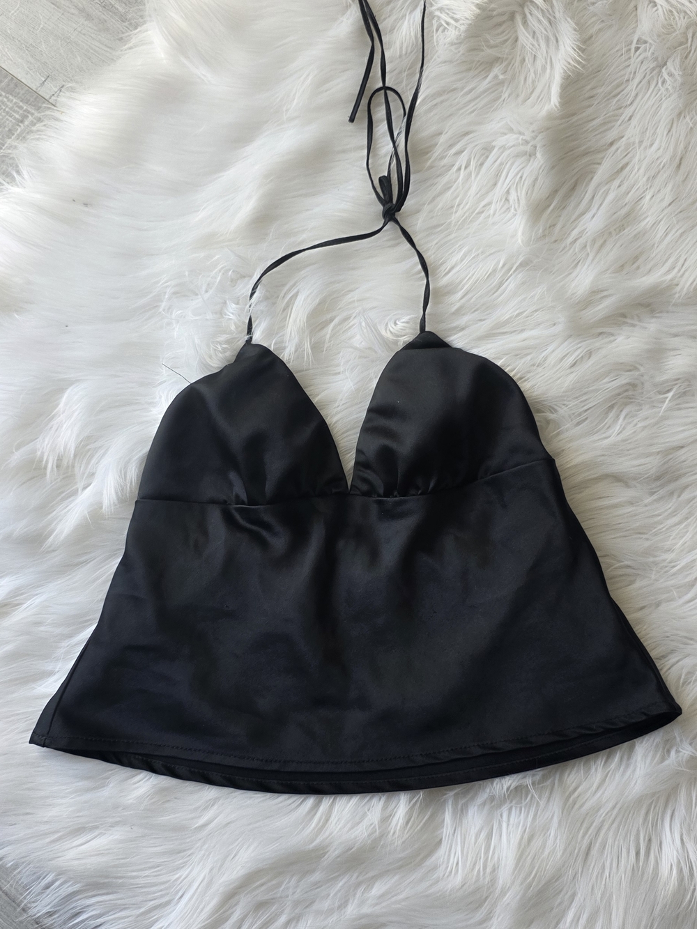 Black Satin Halter Cropped Top - Women Size S